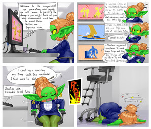 4_panel_comic chair clothing computer computer_desk desk desktop dialogue ear_piercing ear_ring electronics female footwear furniture green_body green_skin hair hair_bun high_heels humanoid_pointy_ears humor ladder not_furry office piercing pointy_ears ring_piercing shoes shortstack swivel_chair table text training_video mario-grant ms._nasbh'ke_(mario-grant) goblin humanoid 2026 comic english_text hi_res