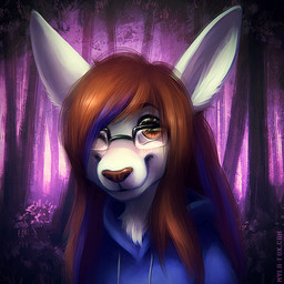 anthro blue_clothing blue_hair blue_hoodie blue_topwear brown_eyes brown_hair closed_smile clothed clothing detailed_background eyewear female front_view fur glasses glistening glistening_eyes hair hair_over_eye hoodie long_ears looking_at_viewer mouth_closed multicolored_hair neck_tuft one_eye_obstructed outside plant rectangular_glasses smile solo text topwear tree tuft two_tone_hair white_body white_fur mylafox kangaroo macropod mammal marsupial 1:1 2017 bust_portrait detailed icon portrait url