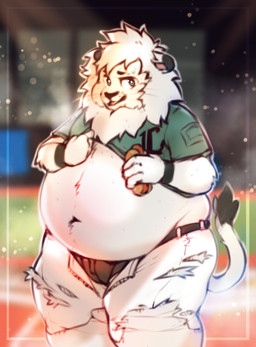 anthro belly big_belly blue_eyes bodily_fluids bottomwear chubby_cheeks clothed clothing clothing_lift dipstick_ears ear_markings food fur green_clothing green_shirt green_topwear holding_food holding_object hot_dog looking_at_viewer male mane markings mascot multicolored_ears overweight overweight_anthro overweight_male pants shirt shirt_lift solo standing sweat topwear torn_bottomwear torn_clothing torn_pants underwear white_body white_bottomwear white_clothing white_fur white_pants chubbierjako nippon_professional_baseball saitama_seibu_lions leo_(saitama_seibu_lions) felid lion mammal pantherine 2023 colored hi_res shaded