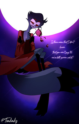 anthro bodily_fluids clothing crying detailed_background dialogue flower fur grey_body grey_fur grey_hair hair holding_flower holding_object looking_down male plant red_clothing red_eyes red_robe robe short_hair sky solo star starry_sky tears text white_face white_text teathekook hellaverse helluva_boss stolas_(helluva_boss) avian avian_demon bird demon owl owl_demon english_text hi_res