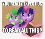 book cutie_mark dialogue duo female fur green_eyes hair horn magic male multicolored_hair open_mouth purple_body purple_eyes purple_fur purple_hair text tl;dr two_tone_hair unknown_artist friendship_is_magic hasbro my_little_pony mythology spike_(mlp) twilight_sparkle_(mlp) dragon equid equine mammal mythological_creature mythological_equine mythological_scalie scalie unicorn english_text image_macro impact_(font) low_res meme reaction_image