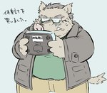 anthro belly bottomwear clothing eyewear glasses humanoid_hands kemono male overweight overweight_male pants shirt simple_background solo text topwear okudami mammal suid suine sus_(pig) wild_boar 2022 japanese_text