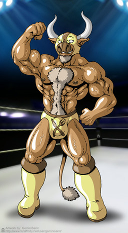 5_fingers abs anthro biceps boots bulge clothed clothing fighting_ring fingers flexing footwear front_view horn male muscular muscular_anthro muscular_male nipples pecs shoes solo standing text topless underwear vein veiny_muscles wrestling geminisaint george_pierce bovid bovine cattle mammal 2015 url watermark