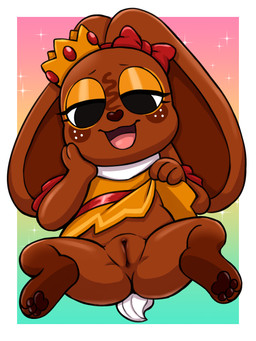 3_fingers 3_toes accessory anthro biped black_eyebrows black_eyes blue_background border bottomless bow_ribbon brown_body brown_fur brown_inner_ear brown_nose brown_pawpads cartoon_freckles clothed clothed_anthro clothed_female clothing clothing_lift crown dress dress_lift eyebrows eyelashes feet female female_anthro fingers floppy_ears freckled_face freckles fur genitals glistening_eyelids green_background hair_accessory hair_bow hair_ribbon half-closed_eyes hand_on_cheek headgear heart_nose heart_symbol long_eyelashes looking_at_viewer lop_ears multicolored_clothing multicolored_dress narrowed_eyes no_underwear open_mouth open_smile orange_clothing orange_dress orange_eyeshadow outside_border pawpads pink_background presenting presenting_vulva red_clothing red_dress ribbons scut_tail short_tail simple_background smile solo sparkles spread_legs spreading tail thin_eyebrows toes tongue vulva white_border white_clothing white_dress white_tail young young_anthro young_female vermelhatan blushcrunch_studio dandy's_world cocoa_(dandy's_world) lagomorph leporid mammal rabbit toon_(dandy's_world) 2026 3:4 absurd_res digital_media_(artwork) hi_res