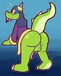 anthro balls blush butt clothed clothing genitals green_body looking_back male penis presenting presenting_hindquarters solo tongue tongue_out ultilix activision crash_bandicoot_(series) komodo_joe komodo_dragon lizard monitor_lizard reptile scalie hi_res