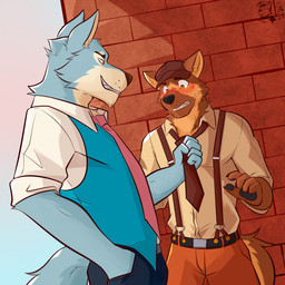 5_fingers anthro black_nose blush bodily_fluids bottomwear brown_body brown_fur clothed clothed_anthro clothed_male clothing clothing_pull duo fingers fur grey_body grey_fur grin hat headgear headwear humanoid_hands male male/male necktie necktie_pull newsboy_cap pants shirt smile suspenders sweat teeth topwear vest ventkazemaru canid canine canis domestic_dog german_shepherd herding_dog mammal pastoral_dog wolf 1:1 hi_res