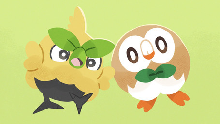 ambiguous_gender beak brown_body duo feathers feral green_body green_feathers looking_at_viewer open_beak open_mouth simple_background tongue ririkodraw nintendo pokemon pokemon_winds_and_waves avian bird browt generation_10_pokemon generation_7_pokemon owl pokemon_(species) rowlet 16:9 2026 hi_res widescreen