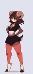 anthro blush bottomwear breasts brown_hair clothed clothing female hair horn legwear long_hair midriff navel necktie one_eye_closed simple_background skirt solo standing stockings kanel bovid caprine mammal digital_media_(artwork) full-length_portrait portrait