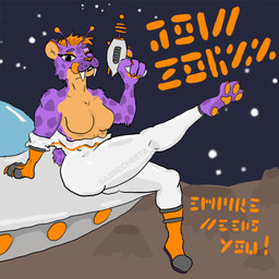 antennae_(anatomy) anthro barefoot boots breasts butt claws clothed clothing crater eyebrows eyeshadow fangs featureless_breasts feet female footwear fur fur_markings glass gloves gun hair handwear inner_ear_fluff inviting licking licking_lips licking_own_lips looking_at_viewer makeup markings muscular muscular_female one_eye_closed orange_body orange_fur orange_hair orange_nose partially_clothed pawpads paws planet pose poster purple_body purple_fur raised_leg ranged_weapon recruitment_poster sabertooth_(anatomy) shoes sitting solo space spacecraft spacesuit star tail teeth thick_thighs tongue tongue_out topless tuft ufo undressing vehicle weapon wink sabrecheeta zogxx(sabrecheeta) alien 1:1 digital_media_(artwork) krita_(artwork) pinup
