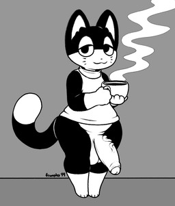 anthro balls big_penis bottomless bottomless_male clothed clothing coffee_mug container dipstick_tail foreskin genitals half-closed_eyes half-erect holding_container holding_object humanoid_genitalia humanoid_penis looking_at_viewer male markings narrowed_eyes penis shirt shirt_only smile solo standing steam tail tail_markings thick_thighs topwear topwear_only vein veiny_penis wide_hips frumples animal_crossing nintendo punchy_(animal_crossing) domestic_cat felid feline felis mammal 2019 digital_drawing_(artwork) digital_media_(artwork) full-length_portrait greyscale monochrome portrait