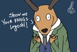 4_fingers anthro antlers blue_background clothed clothing coat dialogue fingers horn humor looking_at_viewer male necktie simple_background solo talking_to_viewer text topwear vest yauhasart adventure_time beastars cartoon_network louis_(beastars) stag_(adventure_time) cervine deer mammal red_deer 2020 english_text watermark