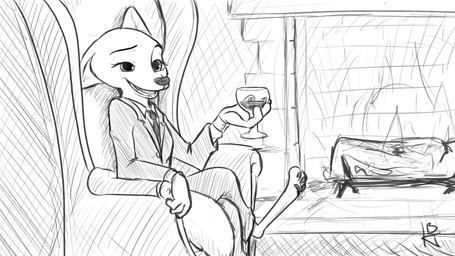 alcohol anthro armchair beverage biped chair clothed clothing container crossed_legs cup drinking_glass female fire fireplace furniture glass glass_container glass_cup holding_object log necktie on_armchair open_mouth open_smile sitting smile solo suit wine wine_glass wood ittybittykittytittys disney zootopia skye_(zootopia) arctic_fox canid canine fox mammal true_fox 16:9 2017 black_and_white hi_res monochrome signature widescreen