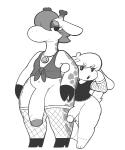 anthro balls big_penis bottomless clothed clothing crossdressing duo femboy fishnet_clothing genitals half-erect horn humanoid_genitalia humanoid_penis male navel ossicone penis simple_background white_background aintsmart animal_crossing nintendo digby_(animal_crossing) gracie_(animal_crossing) canid canine canis domestic_dog giraffe giraffid mammal shih_tzu toy_dog monochrome