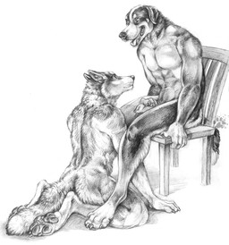 abs animal_genitalia animal_penis anthro canine_genitalia canine_penis chair claws dominant dominant_male duo ears_back erection eye_contact finger_claws floppy_ears fur furniture genitals handjob kneeling looking_at_another male male/male muscular muscular_anthro muscular_male nude nude_anthro nude_male on_chair pawpads paws penile penis pivoted_ears pointy_ears prick_ears sex simple_background sitting sitting_on_chair submissive submissive_male tail teeth toe_claws tongue white_background blotch scratches_volume_4 canid canine canis domestic_dog mammal wolf 2010 hi_res monochrome traditional_media_(artwork)