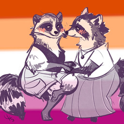 anthro blush blush_lines bottomwear clothing duo female gloves_(marking) hand_holding jewelry leg_markings lesbian_pride_colors lgbt_pride looking_at_another looking_at_viewer markings necklace pride_color_background pride_colors ring_(marking) ringed_tail shorts simple_background skirt smile socks_(marking) striped_markings striped_tail stripes tail tail_markings ash_from_dust mammal procyonid raccoon 1:1 2026 digital_drawing_(artwork) digital_media_(artwork) english_description hi_res sketch