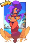 blue_eyes breasts brown_body brown_skin clothing day ear_piercing ear_ring female hair humanoid_pointy_ears long_hair navel not_furry piercing pointy_ears ponytail purple_hair ring_piercing smile solo text water bacun shantae_(series) wayforward shantae genie humanoid 2023 absurd_res english_text hi_res