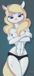 anthro blonde_hair blue_eyes breasts clothed clothing covering covering_breasts covering_self female hair looking_at_viewer navel panties pink_nose solo teasing topless underwear kraudev animaniacs warner_brothers minerva_mink mammal mink mustelid musteline true_musteline absurd_res hi_res