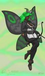 arrow_(weapon) big_breasts boots bow_(weapon) breasts bronze_(metal) clothing coat dark_body dark_skin female footwear green_eyes green_hair hair insect_wings leggings legwear lepidopteran_wings lips long_hair moth_antennae pouches ranged_weapon scepter shoes solo thick_lips topwear weapon wings mglblaze animal_humanoid arthropod human humanoid hybrid insect lepidopteran mammal moth 3:5 hi_res