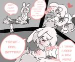 bodily_fluids breasts clothed clothing dialogue eyes_closed female female/female kissing lying saliva simple_background text lewd4food lagomorph leporid mammal rabbit 6:5 comic digital_media_(artwork) english_text hi_res