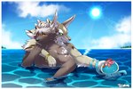 anthro biceps black_body black_fur countershading duo fur gold_(metal) gold_jewelry hair hug jewelry male male/male muscular muscular_anthro muscular_male pecs sea sun swimming water white_hair chuurow lifewonders tokyo_afterschool_summoners seth_(tas) tadatomo_(tas) canid canine canis cnidarian domestic_dog jackal jellyfish mammal marine medusozoan absurd_res hi_res