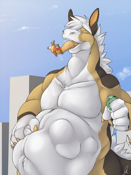 abdominal_bulge anthro belly big_belly black_horn blue_sky bottomwear brown_body brown_fur building clothing eyes_closed fangs front_view fur green_body group hair hand_on_belly horn macro male male/male male_anthro male_pred male_prey open_mouth oral_vore orange_clothing orange_topwear outside size_difference sky tan_body tan_fur teeth tongue tongue_out topwear trio vore white_body white_bottomwear white_clothing white_fur white_hair solaxe_(artist) mythology arkson_(paranoid) canid canine dragon furred_dragon furred_scalie mammal mythological_creature mythological_scalie scalie 3:4 hi_res signature