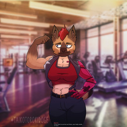 anthro belt bottomwear clothing denim denim_bottomwear denim_clothing female flexing flexing_bicep grin jacket jeans muscular pants robotic_arm sleeveless_jacket smile solo standing text topwear remember_the_flowers rose_(remember_the_flowers) hyena mammal 1:1 absurd_res english_text hi_res