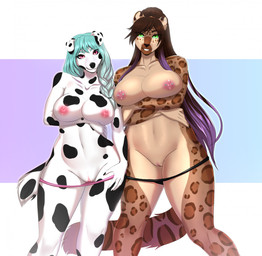 anthro areola blue_hair braided_hair breasts brown_hair clothed clothing duo eyebrows eyelashes female genitals green_eyes hair long_hair nipple_piercing nipples piercing pink_eyes pink_nipples smile spots take_your_pick vulva amur natalie_(kotovakat) canid canine canis dalmatian domestic_dog felid jaguar mammal pantherine 2022 character_request digital_media_(artwork) hi_res