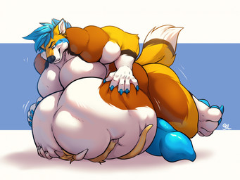 anthro belly belly_squish big_belly big_penis duo genitals huge_belly huge_penis hyper hyper_belly hyper_genitalia hyper_penis male obese overweight overweight_male penis size_difference squish solaxe_(artist) kooper_(koopershiba) solaxe canid canine kangaroo macropod mammal marsupial hi_res