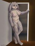 anthro big_breasts breasts brown_eyes chest_tuft feet female floppy_ears fur grey_body grey_fur leaning markings nipples pink_nipples slightly_chubby slightly_chubby_anthro slightly_chubby_female smile solo spots spotted_body spotted_fur standing tan_body tan_fur tuft white_body white_fur graham_(artist) domestic_rabbit flemish_giant lagomorph leporid mammal oryctolagus rabbit absurd_res hi_res