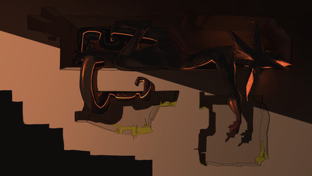 4_ears ambiguous_gender anthro big_tail bioluminescence biped black_body digitigrade feet fingers glowing glowing_ears glowing_eyes grey_body lying machine markings moss multi_ear multicolored_body nude orange_eyes orange_markings plant side_view solo tail toes two_tone_body annoy annoy_(character) goo_creature robot unknown_species digital_media_(artwork) hi_res male_(lore)