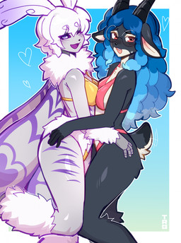 anthro anthro_on_anthro bikini biped breasts clothed clothed_anthro clothed_female clothing countershade_torso countershading duo eyewear female female/female fingers fur glasses hair horn looking_at_viewer simple_background smile swimwear tail two-piece_swimsuit wings thericegoat serenity_(laggyb0i) arthropod bovid caprine insect lepidopteran mammal moth sheep hi_res