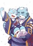 anthro blue_body blue_fur blush clothing cute_fangs duo eyes_closed fangs fur humanoid_hands kemono male overweight overweight_male robe snow teeth young young_anthro wolfsoul bonasiah full_attack sophring_hao sophring_jie bear mammal 2019 hi_res