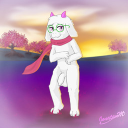 anthro balls eyewear femboy flaccid foreskin fur genitals glasses grass horn humanoid_genitalia humanoid_penis long_foreskin looking_at_viewer male mostly_nude narrowed_eyes nude outside penis pink_eyes pink_horn plant scarf sky smile sunset tree unretracted_foreskin white_body white_fur jm-luxro deltarune undertale_(series) ralsei bovid caprine goat mammal 1:1 hi_res