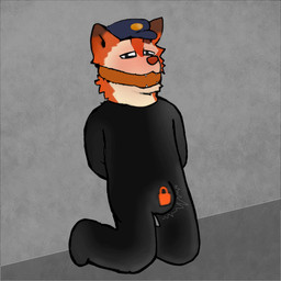 anthro black_latex blush bound cloth_gag conductor_hat edging fur gag gagged latex lock_bulge lock_symbol male male/male null_bulge orange_body orange_fur overstimulation questionable_consent solo vibrating protoyiff69 foxfield_railway reg_the_railway_fox canid canine fox mammal 1:1 absurd_res hi_res