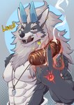 anthro food fur grey_body grey_eyes grey_fur grey_hair hair horn looking_at_viewer male meat muscular muscular_male nipples open_mouth sausage solo tongue tongue_out mumu202 canid canine canis mammal wolf hi_res