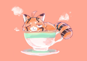 ahoge anthro beverage blue_eyes container cup female fur hair markings one_eye_closed orange_body orange_fur sitting smile solo steam striped_markings striped_tail stripes tail tail_markings tea tea_cup wink toba16ks bandai_namco digimon digimon_beatbreak digimon_(species) pristimon hi_res