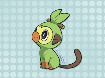 3_fingers 3_toes ambiguous_gender black_eyes blue_background brown_ears brown_tail dotted_background feet feral fingers green_body green_skin looking_away pattern_background simple_background solo tail text toes kamabokobun nintendo pokemon generation_8_pokemon grookey pokemon_(species) artist_name hi_res