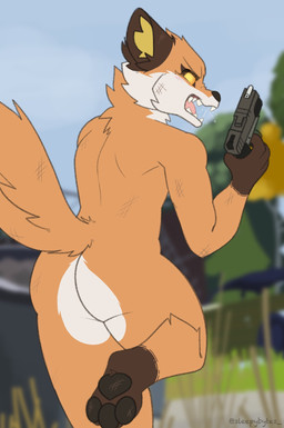 angry anthro biped black_nose blurred_background blush blush_lines bodily_fluids brown_body brown_feet brown_fur brown_hands butt cheek_tuft clothed clothing facial_tuft feet fingers fur grass gun handgun holding_gun holding_object holding_ranged_weapon holding_weapon inner_ear_fluff male nature nature_background nude open_mouth orange_body orange_fur orange_sclera outside pawpads paws pistol plant ranged_weapon saliva sky solo standing teeth toes tongue tuft weapon white_body white_fur yellow_eyes sleepibytes epic_games fortnite fennix_(fortnite) canid canine canis fox mammal red_fox true_fox 2020 digital_media_(artwork) hi_res
