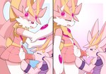 animal_genitalia animal_penis anthro balls big_penis blush bodily_fluids bottomwear bow_(feature) bow_accessory bow_ribbon canine_genitalia canine_penis clothed clothing clothing_lift cum cum_drip cum_in_mouth cum_inside cum_on_penis dripping duo ejaculation erection eyes_closed fellatio femboy gem genital_fluids genitals heart_eyes heart_symbol huge_penis knot looking_pleasured male male/male oral paws penile penis pink_body pink_eyes saliva sex skirt tail tongue tongue_out anonymous_artist mrseed hanayubi_(km-15) kitsurusaki_(km-15) philikkahn hi_res