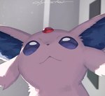 ambiguous_feral ambiguous_gender cheek_tuft facial_tuft feral forehead_gem fur gem logo looking_at_viewer low-angle_view pink_body pink_fur solo text tuft worm's-eye_view olyester nintendo pokemon eeveelution espeon felid feline generation_2_pokemon mammal pokemon_(species) 2025 artist_logo artist_name colored shaded