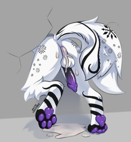 animal_genitalia animal_penis anthro anus balls black_markings bodily_fluids butt canine_genitalia canine_penis cum cum_in_ass cum_inside cum_on_balls cum_on_butt cum_on_ground erection fur genital_fluids genitals leaking_cum male markings nude on_one_leg pawpads penis purple_anus purple_pawpads purple_penis snowflake_marking solo standing tail through_wall white_body white_fur mrkusaka ambiguous_species colored digital_drawing_(artwork) digital_media_(artwork) hi_res shaded