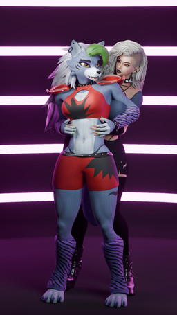 anthro duo female female/female good_girl hug hugging_another hugging_from_behind oreothehornypanda rosecreates_(modeler) five_nights_at_freddy's five_nights_at_freddy's:_security_breach hellaverse helluva_boss mythology scottgames steel_wool_studios human_loona_(helluva_boss) loona_(helluva_boss) roxanne_wolf canid canid_demon canine canis demon hellhound human mammal mythological_canine mythological_creature wolf 3d_(artwork) 4k 9:16 absurd_res digital_media_(artwork) hi_res