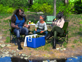 animal_ears anthro beard belt bench black_clothing black_footwear black_hair blue_bottomwear blue_clothing blue_pants boots bottle bottomwear chair clothed clothing collared_shirt container crossed_legs cup day denim denim_bottomwear denim_clothing eating eyewear facial_hair female food footwear forest furniture glasses grass green_bottomwear green_clothing green_pants grey_hair group hair hamburguer holding_food holding_object jeans long_sleeves looking_at_another male nature outside pants plant shirt shoes sitting table tail talking_to_another tank_top topwear tree white_clothing white_shirt white_topwear chadotexas mythology canid canine felid human mammal mythological_canine mythological_creature werecanid werecanine werecreature werewolf 4:3 absurd_res hi_res