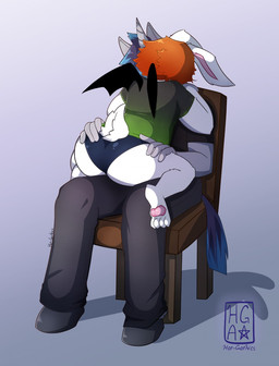 anthro big_butt butt chair clothing duo female furniture hair horn lap male male/female on_lap red_hair short simple_background sitting slightly_chubby straddling thick_thighs wings hot-gothics mythology dragunny equid equine horse lagomorph leporid mammal mythological_creature mythological_equine rabbit unicorn digital_media_(artwork) hi_res