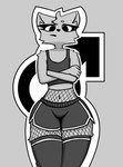 4_fingers anthro belly bottomwear bulge clothed clothing crop_top crossdressing crossed_arms dolphin_shorts femboy fingers fur hotpants legwear long_lashes male navel net shirt shorts solo thigh_highs topwear wide_hips chibon kami(chibon) domestic_cat felid feline felis mammal absurd_res greyscale hi_res monochrome