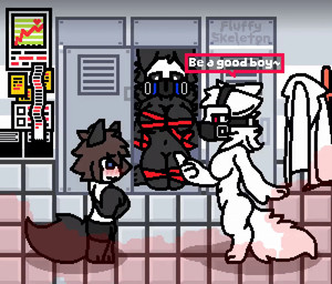 anthro bdsm bedroom_eyes blush bondage bound breath clothing coat crossgender female gas_mask group lab_coat laboratory male male/female mask narrowed_eyes ribbon_bondage ribbons seductive shy substance_intoxication tempting text topwear pfluffyskeleton changed_(video_game) dr._k_(changed) lin_(changed) puro_(changed) canid canine canis goo_creature humanoid hybrid mammal wolf animated