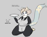 anthro big_breasts breasts clothed clothing dialogue female fur hair holding_object holding_plate kneeling looking_at_viewer maid_uniform simple_background sitting solo text uniform mzzrlaraz laurel_(mzzrlaraz) domestic_cat felid feline felis mammal 5:4 absurd_res digital_media_(artwork) english_text hi_res