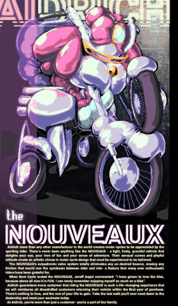 1_eye anthro bangs bell caption chrome chrome_body curled_tail drone fake_advertisement female fennec_ears grin gynomorph hair handlebar_horns headlight_eyes intersex machine permanent_smile pink_hair robotization smile solo tail text translucent translucent_body vehicle wheel wheel_feet falgaia faux_(falgaia) nouveaux_(falgaia) android canid canine fennec_fox fox living_machine living_vehicle mammal optimized_(falgaia) robot robot_anthro true_fox absurd_res english_text hi_res