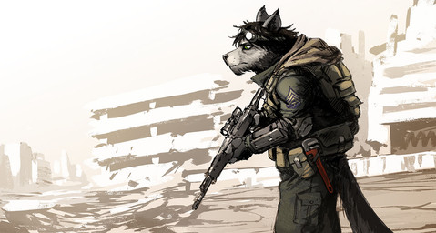 anthro armor backpack belt biped black_hair black_nose building clothed clothing day eyewear eyewear_on_head fully_clothed fur goggles goggles_on_head green_eyes grey_body grey_fur gun hair holding_gun holding_object holding_ranged_weapon holding_weapon male military_uniform outside ranged_weapon rifle ruins side_view sky solo standing tools uniform utility_belt weapon wrench morriperkele canid canine canis domestic_dog mammal