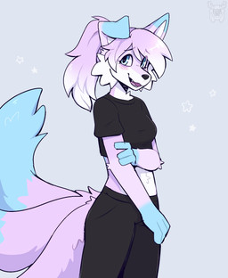 3_tails anthro bangs black_bottomwear black_clothing black_crop_top black_nose black_pants black_shirt black_topwear blue_eyes blue_markings blush bottomwear cheek_tuft clothing crop_top eyelashes facial_tuft female fur hair long_hair looking_away markings multi_tail open_mouth pants pink_body pink_fur pink_hair ponytail shirt shy shy_smile simple_background snout solo tail teeth topwear tuft white_body white_fur fleurfurr canid canine mammal cel_shading colored colored_sketch digital_drawing_(artwork) digital_media_(artwork) hi_res shaded sketch